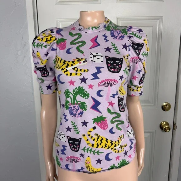 Vintage Nooworks Shirt XS Tee Floral Hastings Print Cotton Mushroom Puff top E3 - Picture 1 of 6